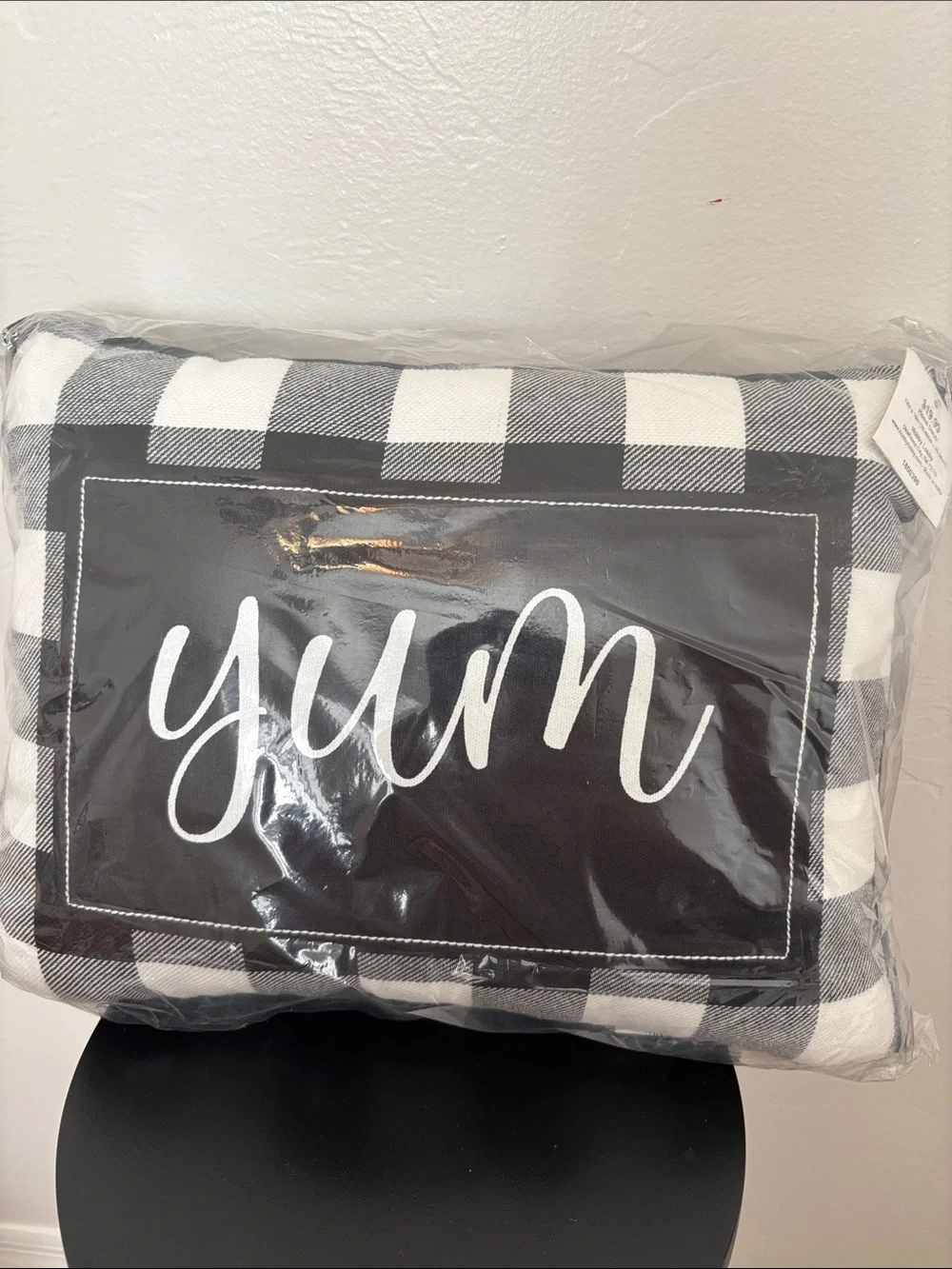 Black and White Buffalo Check Pillow with 'yum' Script
